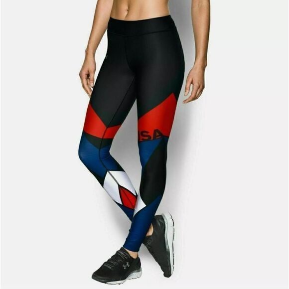 Under Armour UA USA Women's Compression Tights Leggings Pants Black White Red S - Picture 1 of 7